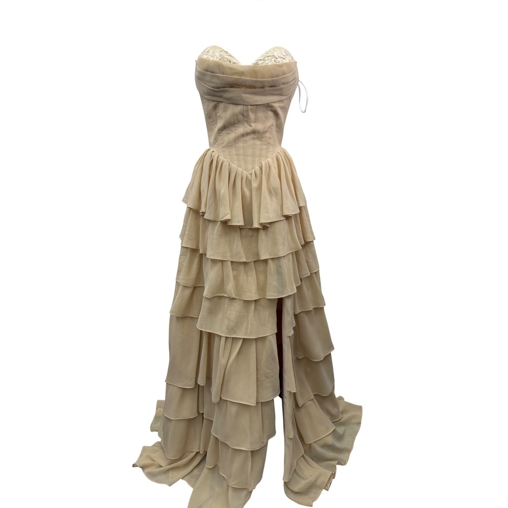 Lead the Fashion Ruffle Maxi Dress Womens 0 NEW Formal Tiered Lace Up Slit Gown